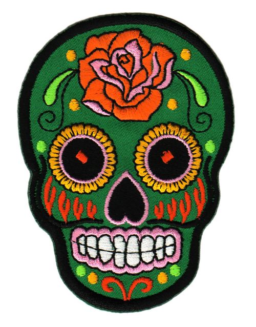#ae93 Totenkopf Grün Rose Mexiko Sugar Skull Aufnäher Bügelbild Patch Größe 6,6 x 9,0 cm