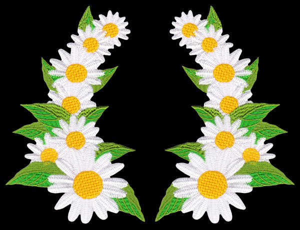 #ae97 Gänseblümchen Blume Weiß Set 2 Stück Aufnäher Bügelbild Applikation Patch Größe je Aufnäher = 7,8 x 11,3 cm