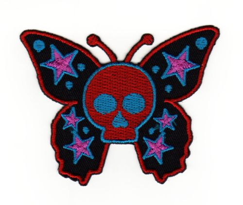 #ad61 Schmetterling Totenkopf Rosa Skull Sterne Aufnäher Bügelbild Applikation Patch Größe 8,0 x 6,5 cm