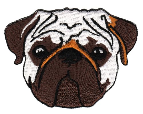 #ab68 Mops Braun Weiß Hund Aufnäher Patch Bügelbild Applikation Größe 8,0 x 6,0 cm