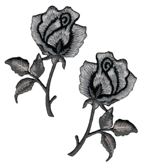 #ag79 Blumen Rose Grau Set 2 Stück Aufnäher Bügelbild Patch Applikation Größe je Aufnäher 4,5 x 7,2 cm