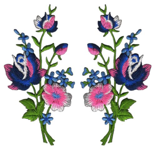 #ah61 Blumen Blau Rosa Set 2 Stück Aufnäher Bügelbild Patch Applikation Größe je Aufnäher 5,5 x 11,0 cm