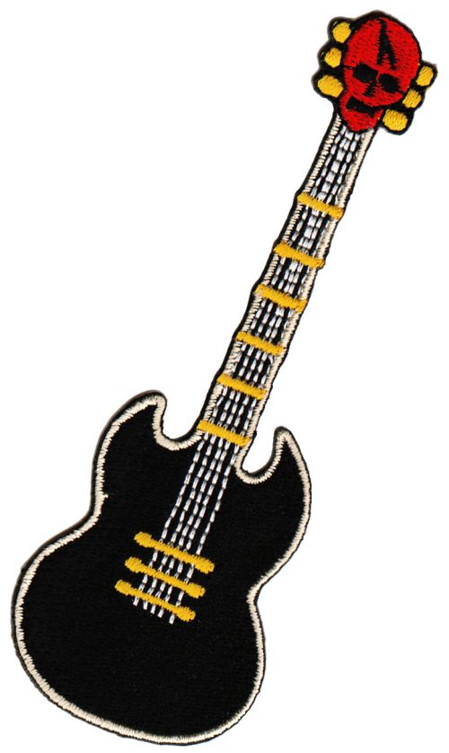 #ab76 Schwarze Gitarre Totenkopf Aufnäher Skull Instrument Bügelbild Applikation Rock Patch Größe 4,0 x 11,3 cm